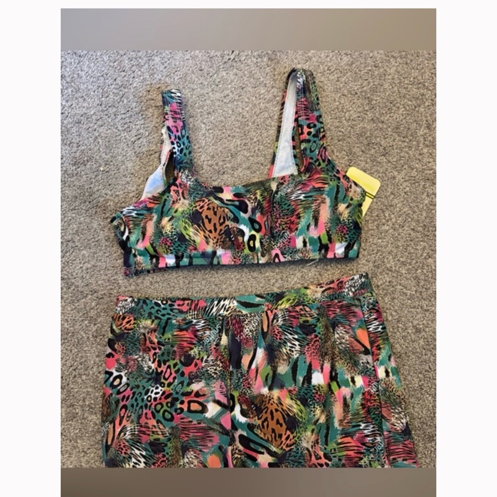 NWT Joan Vass Multicolor Animal Print 2 pcs bathing suit with boy shorts.
